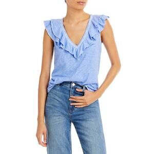 Veronica Beard 'Ellerie' Blue Cotton Sleeveless Ruffled V Neck Top Size L